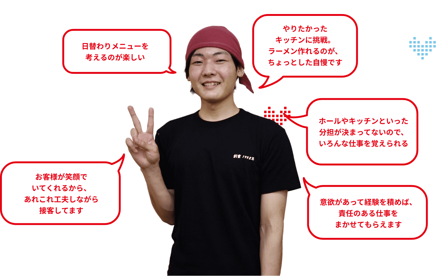 お客様が笑顔でいてくれるから、あれこれ工夫しながら接客してます 日替わりメニューを考えるのが楽しい やりたかったキッチンに挑戦。ラーメン作れるのが、ちょっとした自慢です ホールやキッチンといった分担が決まってないので、いろんな仕事を覚えられる 意欲があって経験を積めば、責任のある仕事をまかせてもらえます